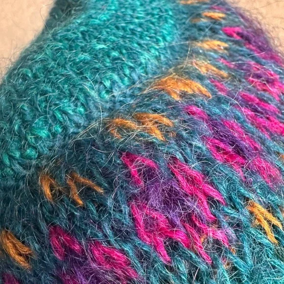 Vintage 80s Michelle Stuart Mohair Wool Fair Isle Sweater‎ Teal Woman Sz M - Picture 3 of 16